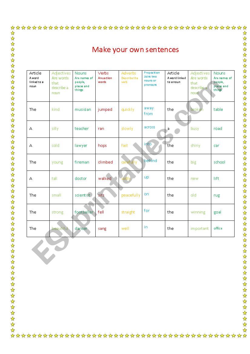 Make your own sentences worksheet