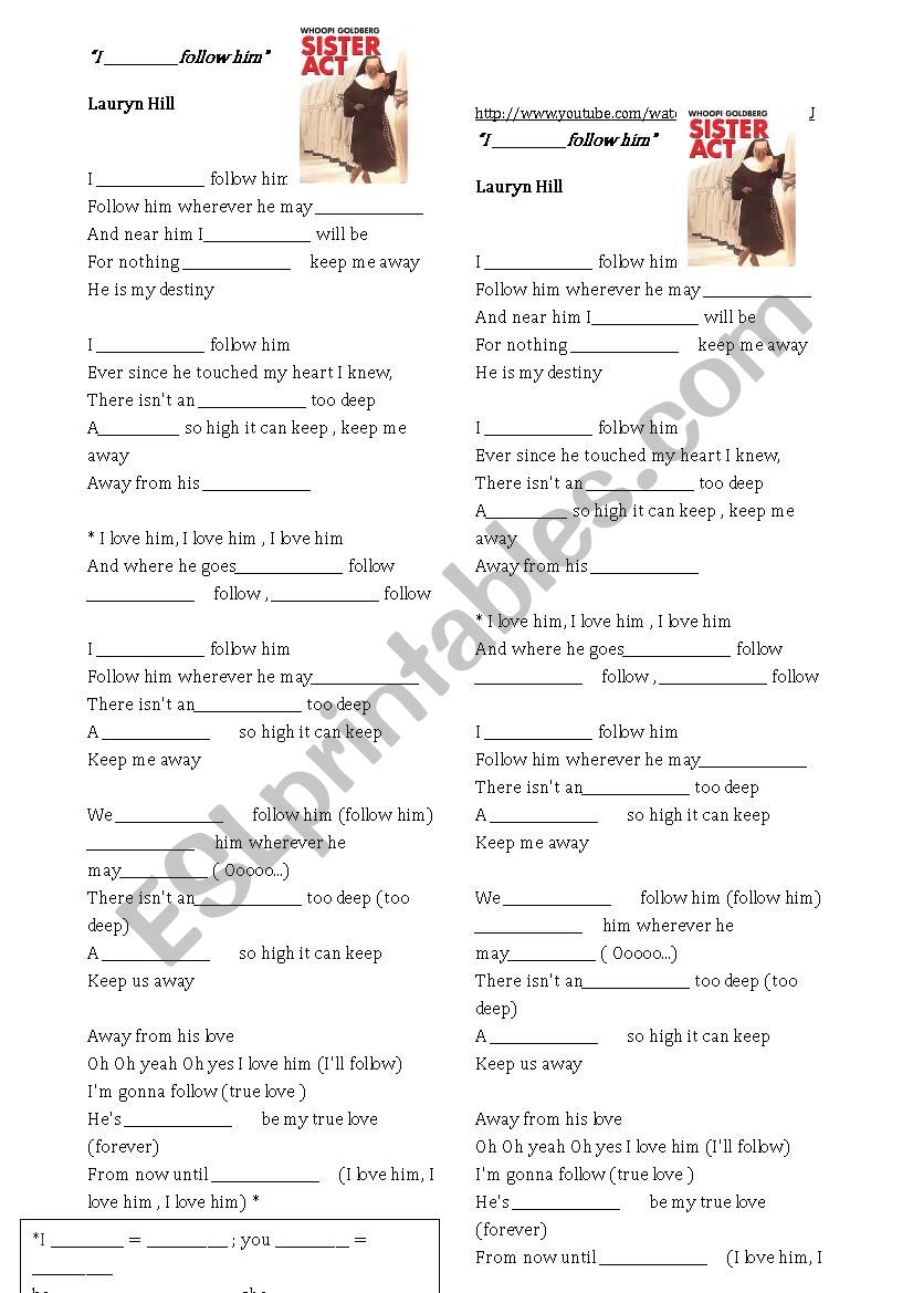 song-I will follow him worksheet