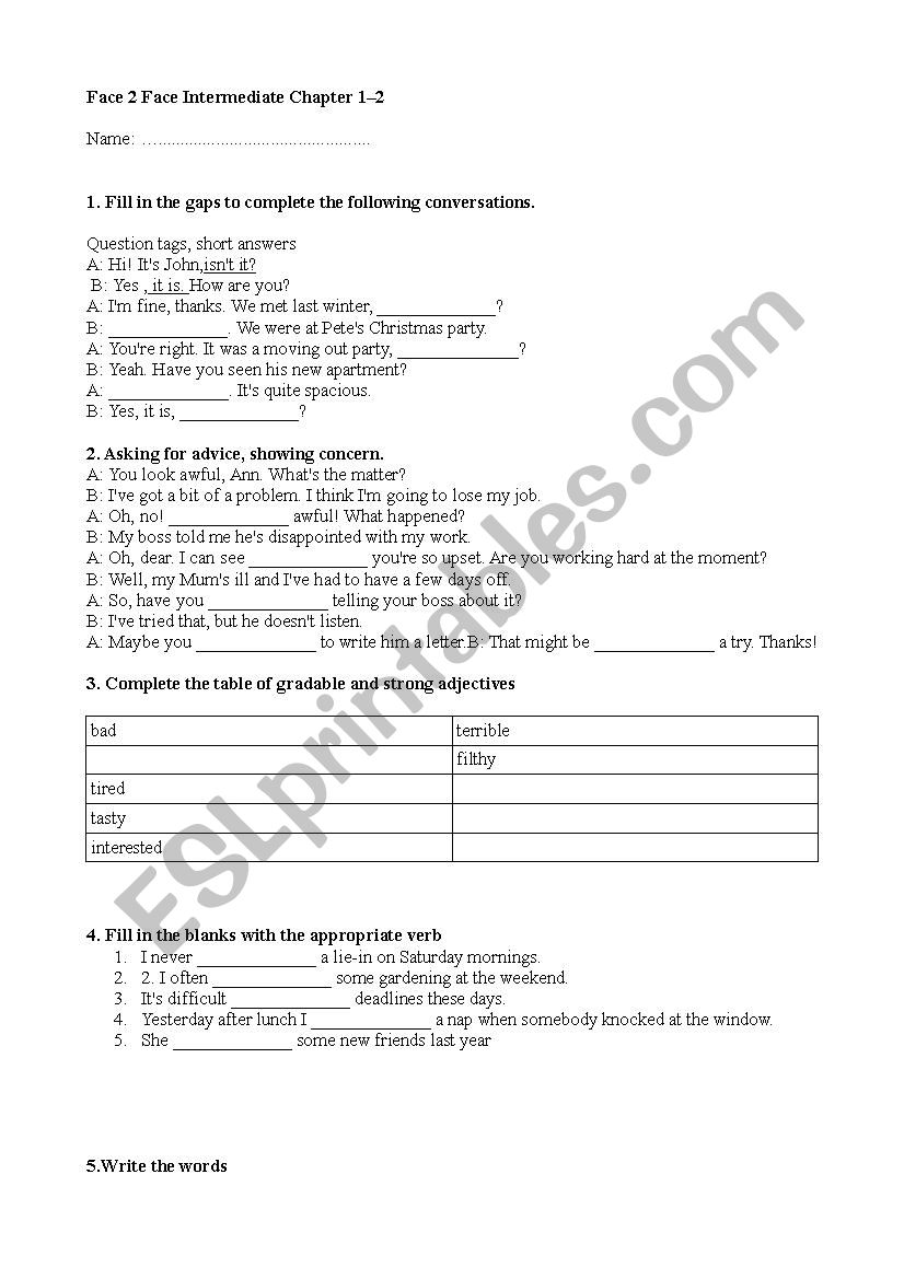 Face2face intermediate chapter 1-2 test