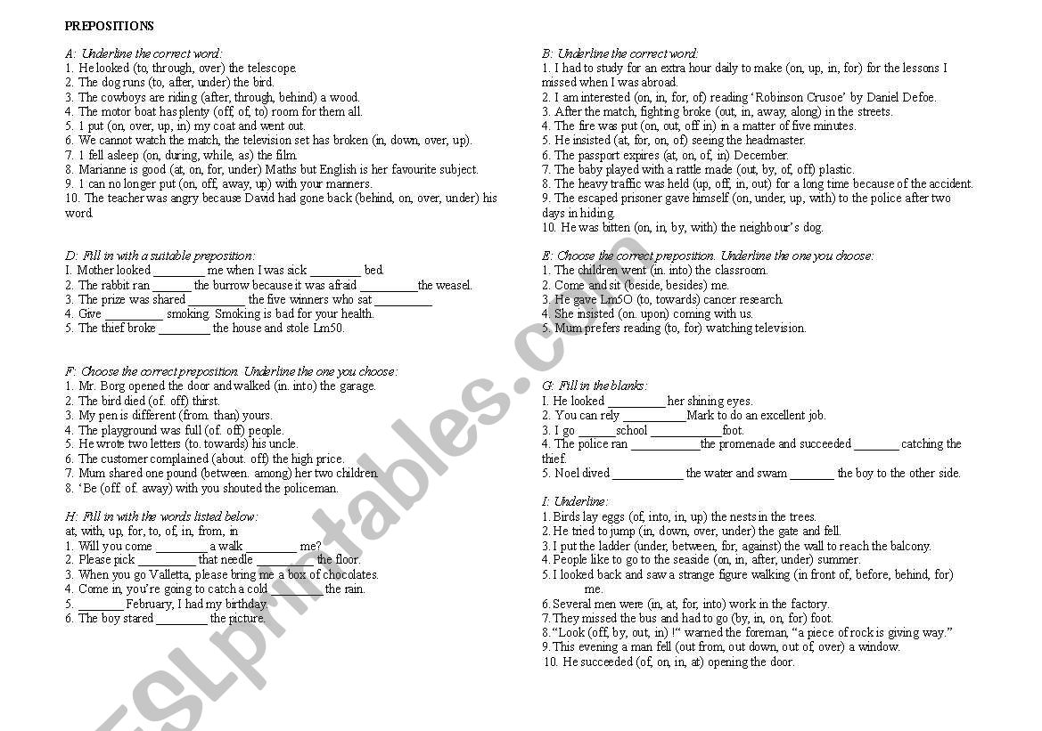 prepositions exercises worksheet