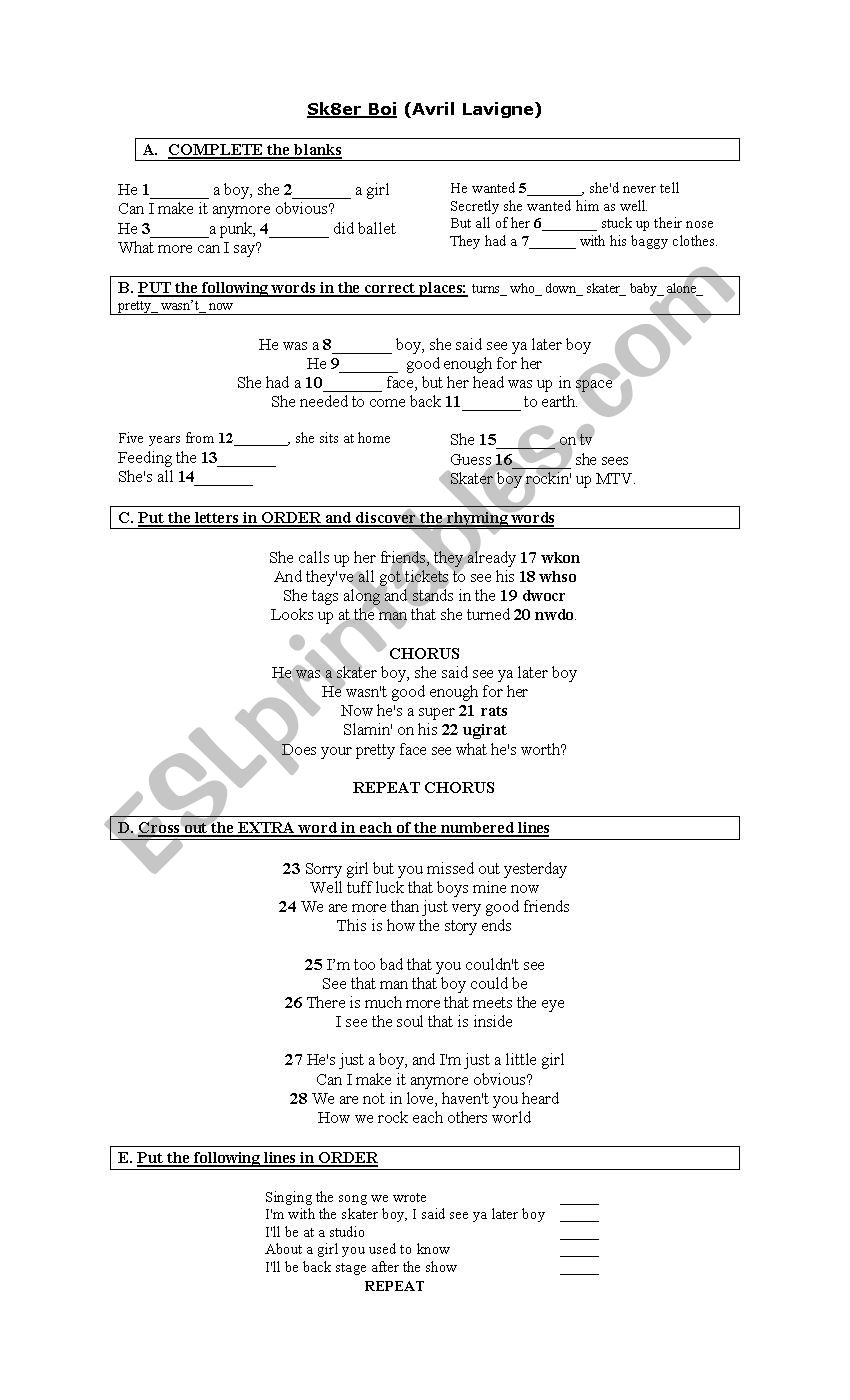 S8er Boi- Avril Lavigne worksheet