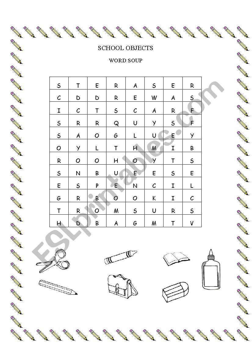 School objects word soup worksheet