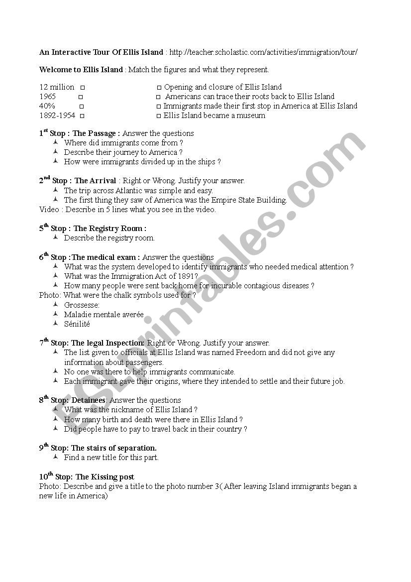 Webquest on Ellis Island worksheet