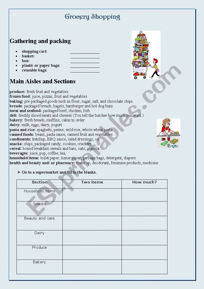 Supermarket sections worksheet