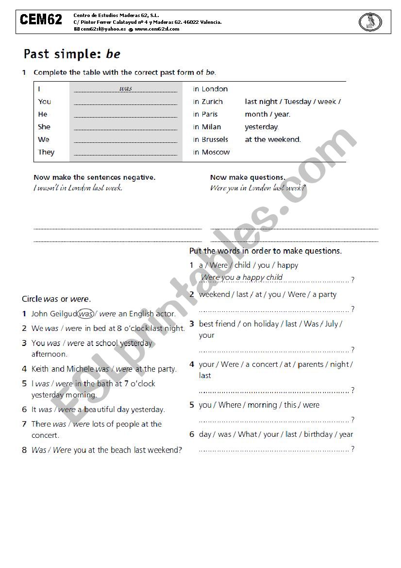 Past simple To Be worksheet