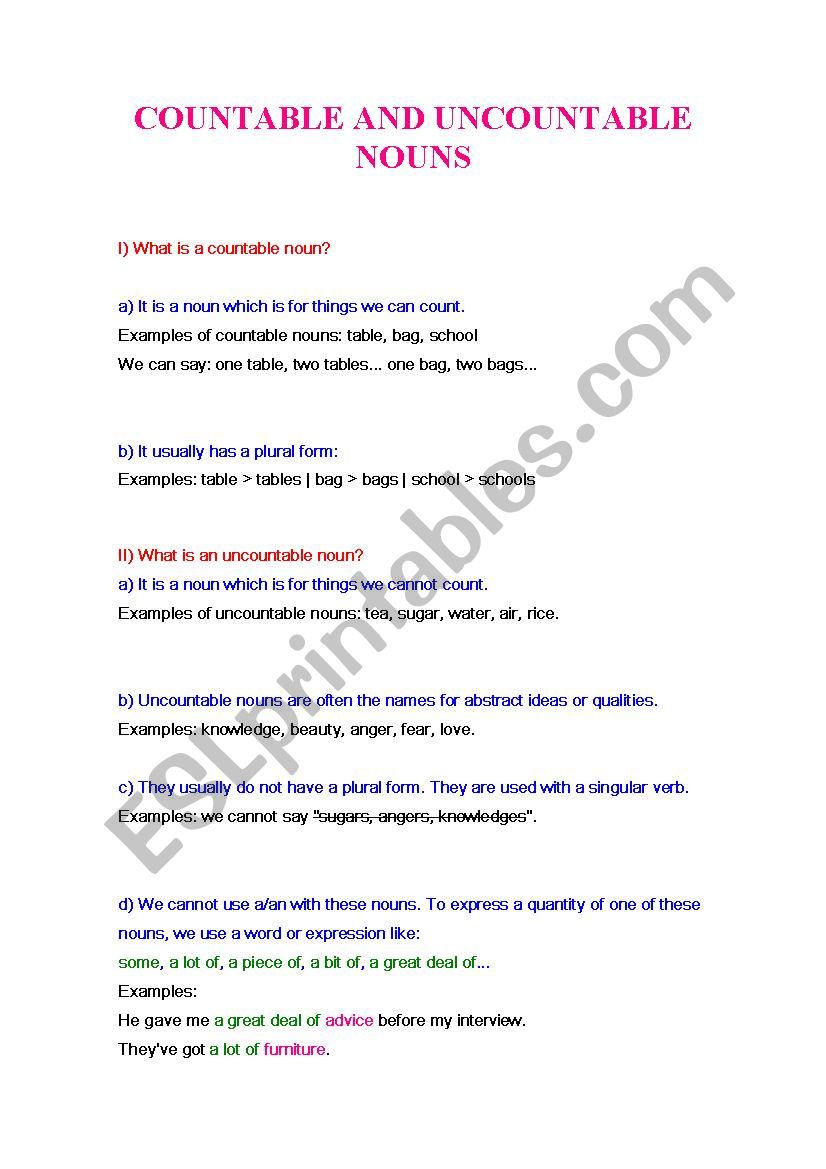 Countable and uncountable worksheet