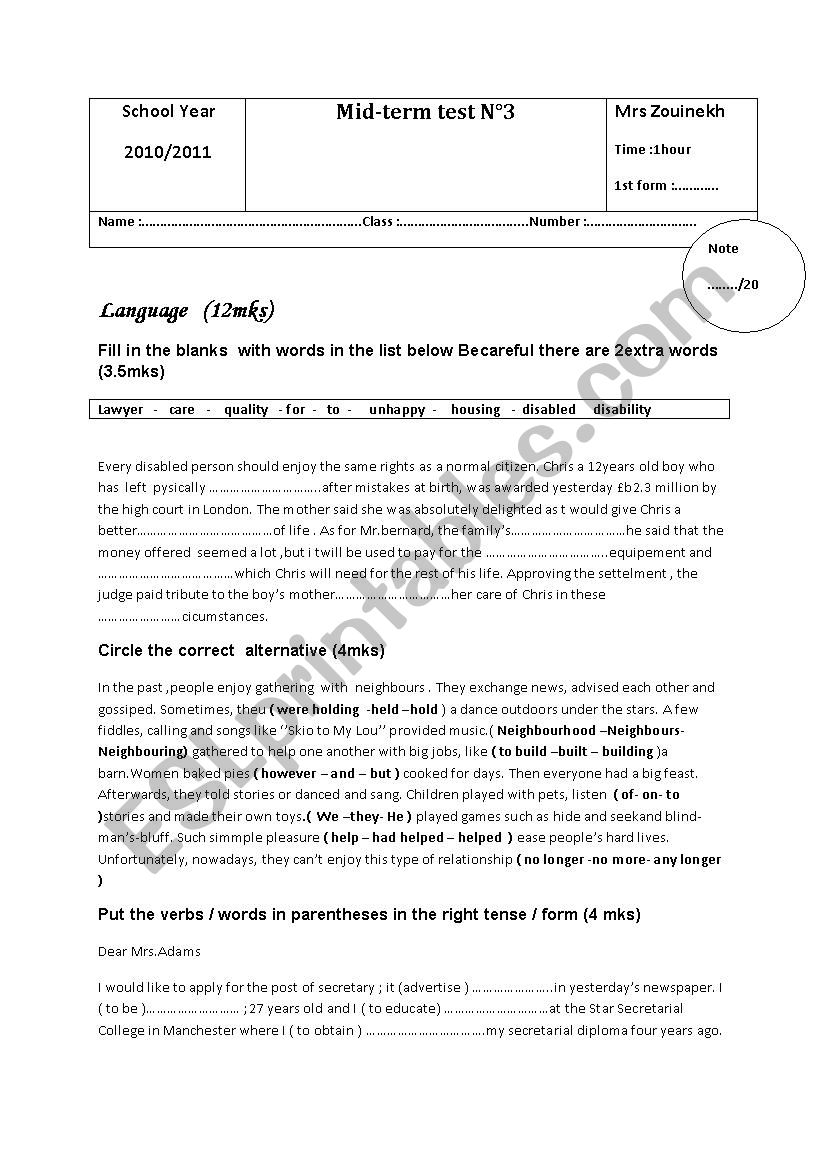 Mid term test n 3 first year Tunisian pupils.