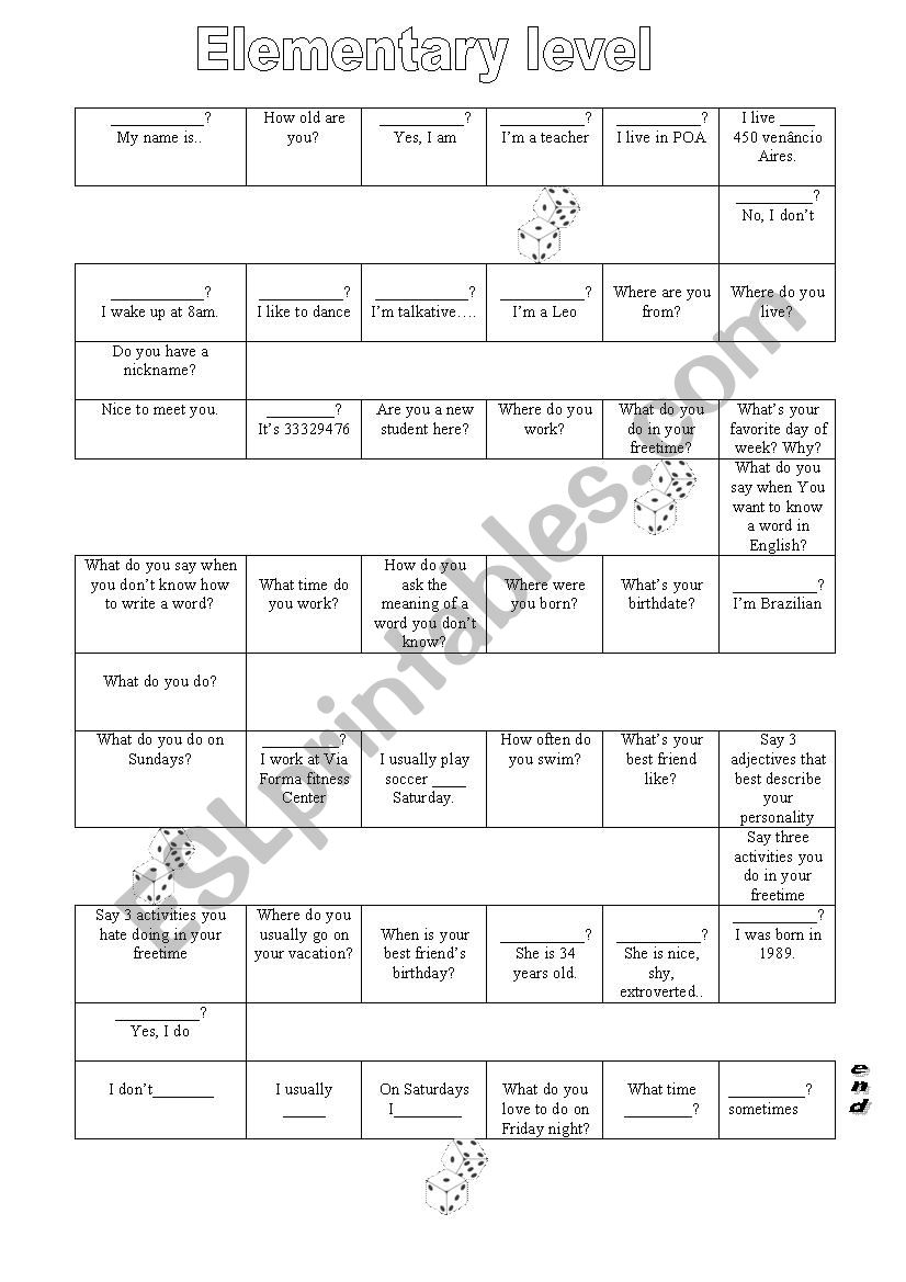 Board game elementary worksheet