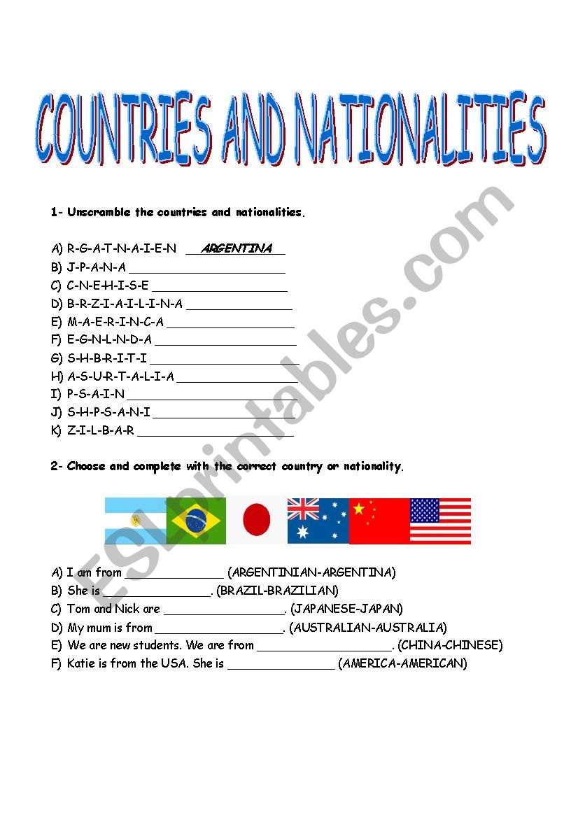 COUNTRIES AND NATIONALITIES worksheet