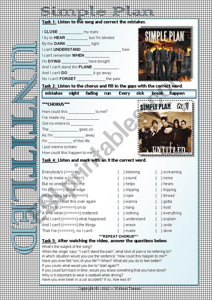 UNTITLED - SIMPLE PLAN - SONG WORKSHEET