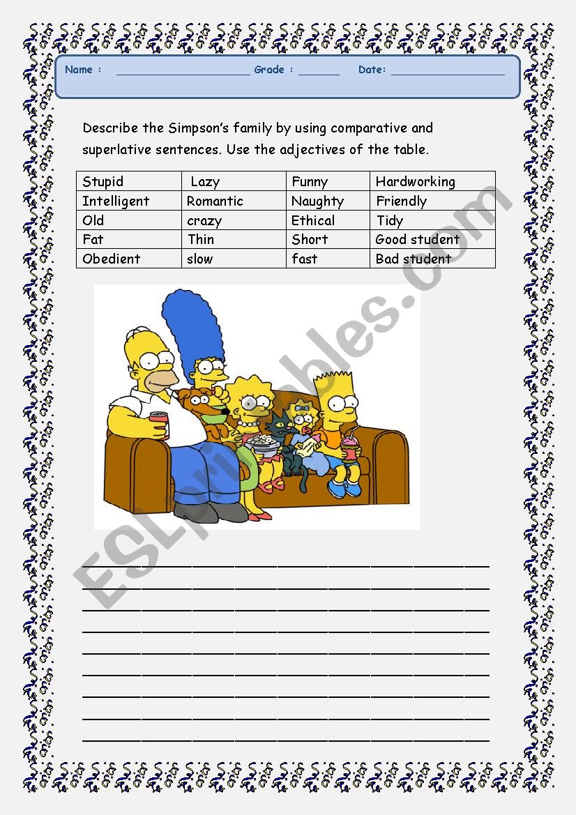 comparing  the simpsons worksheet