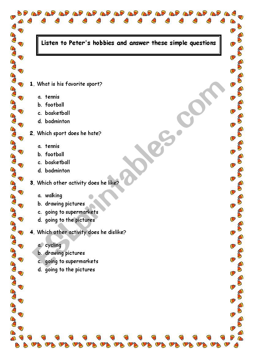 Peter´s hobbies worksheet