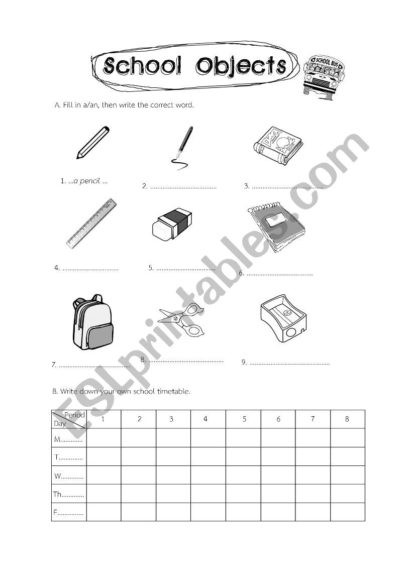 School Objects worksheet