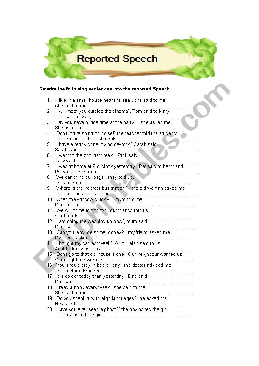 REPORTED SPEECH worksheet