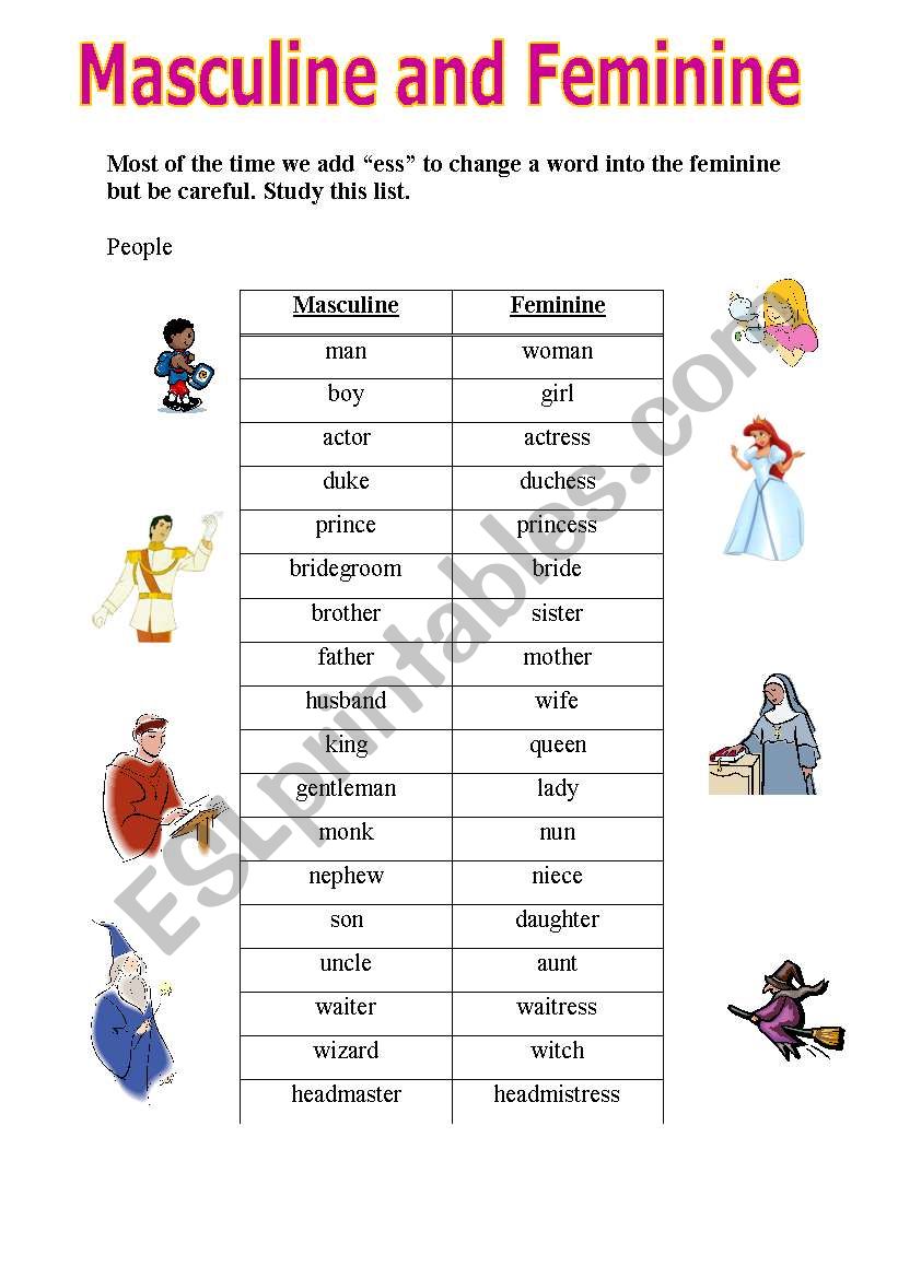 Masculine And Feminine1 gender ESL Worksheet By Loveheart