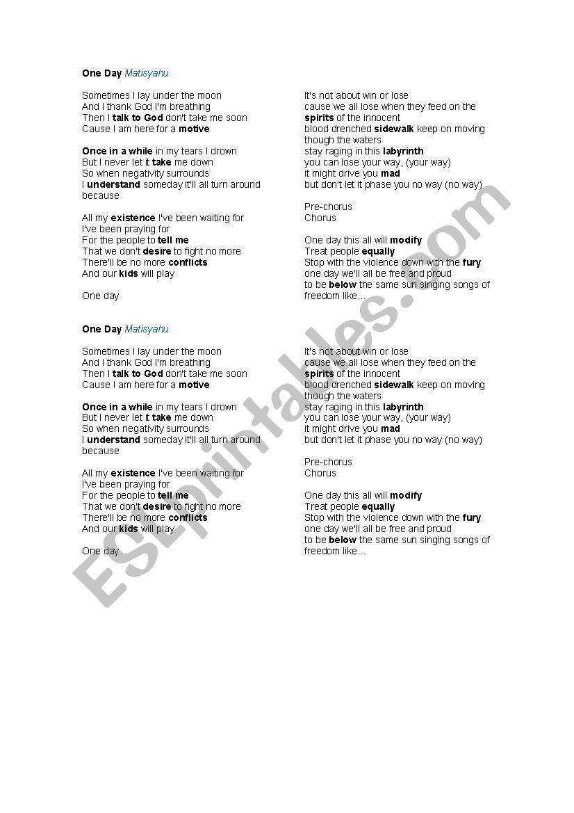 One day by Matisyahu (song) worksheet