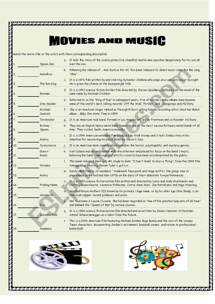 Movies and Music worksheet