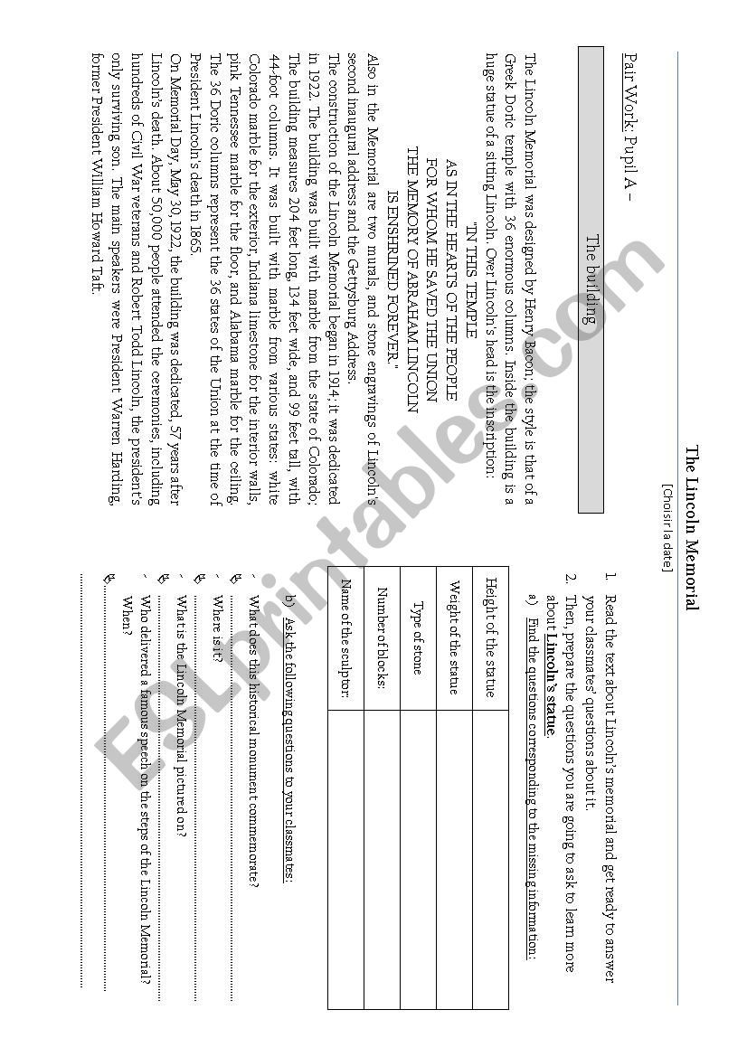 Lincoln Memorial worksheet