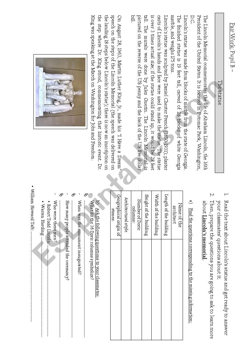 Lincoln Memorial worksheet