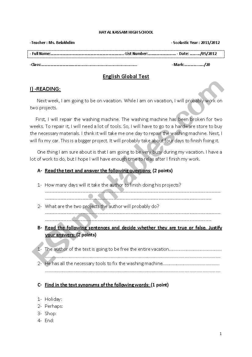 English Test worksheet