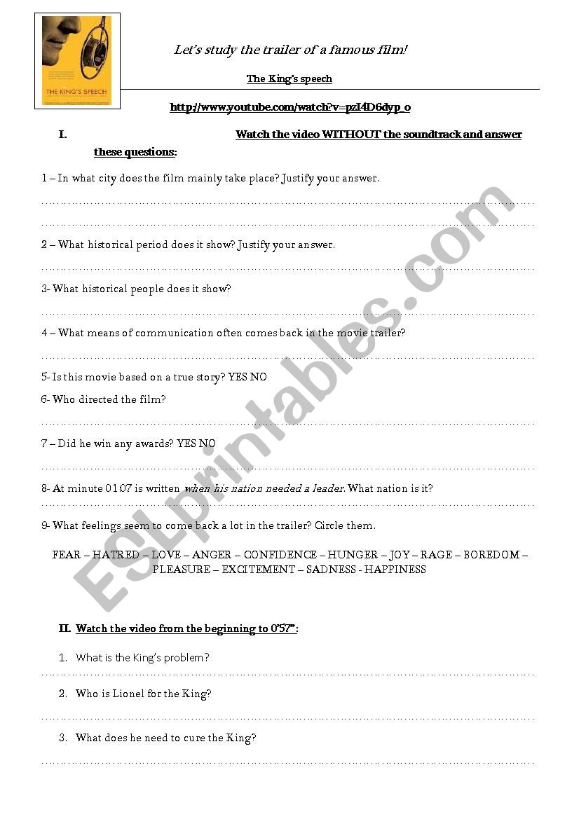 The KingÂ´s speech worksheet
