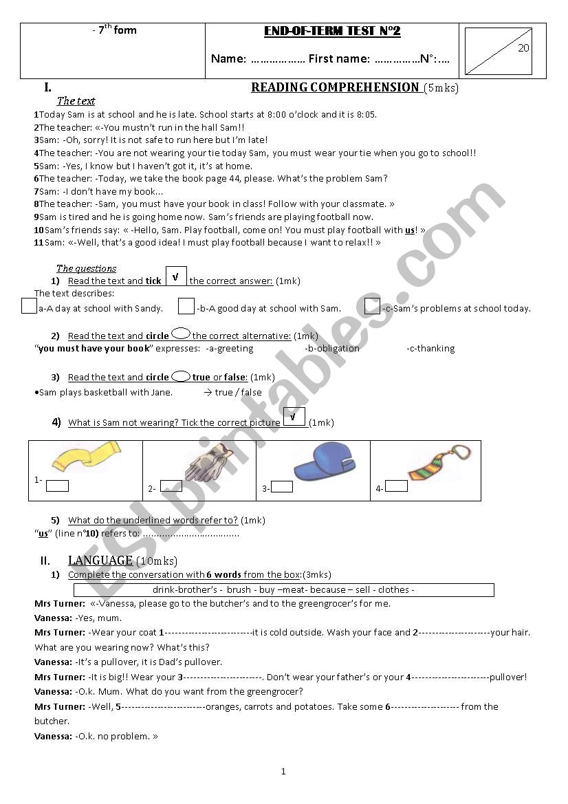 English test 7th worksheet