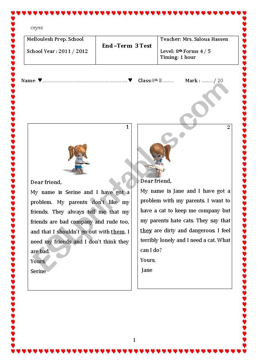 End Term 3 Test 8th Form worksheet