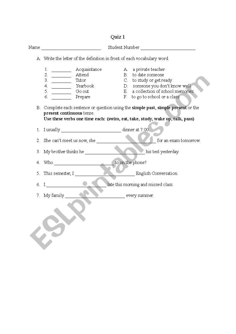 World Link 2 Unit 1 Quiz worksheet