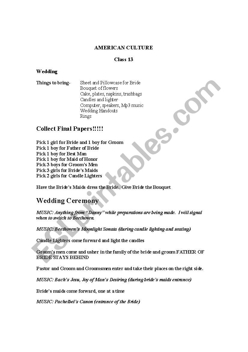 Wedding worksheet