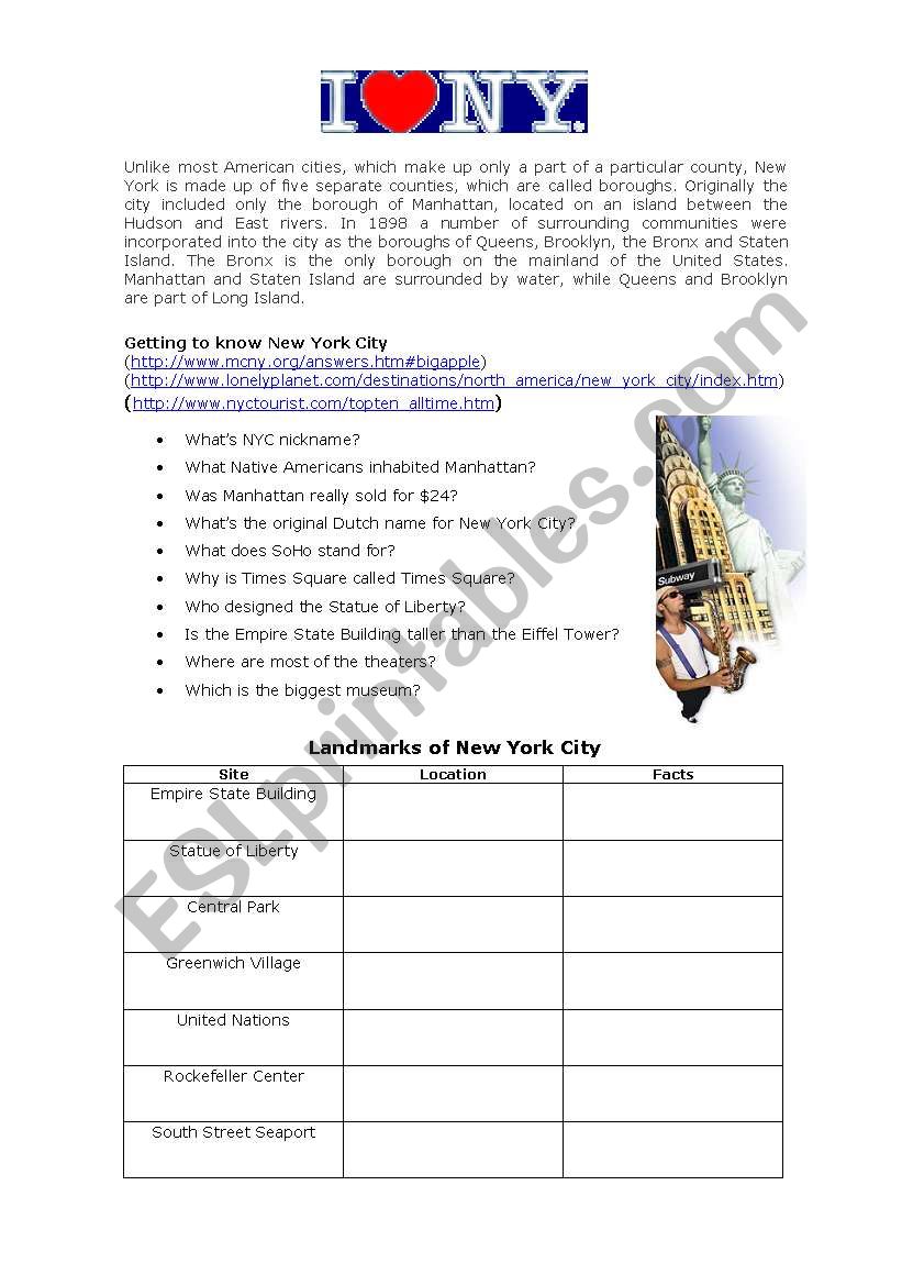 Getting to know New York City worksheet