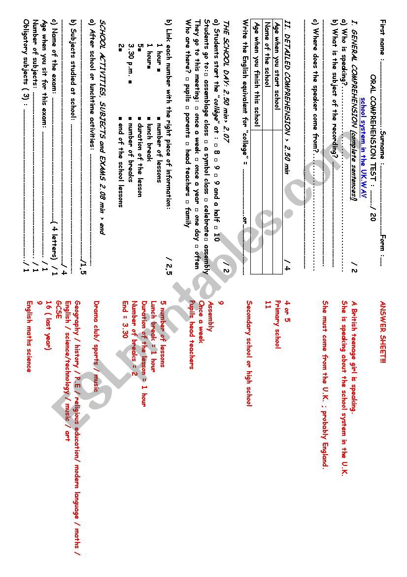 Oral comprehension test - the UK school system