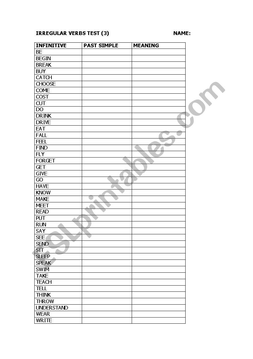 Irregular verbs test worksheet