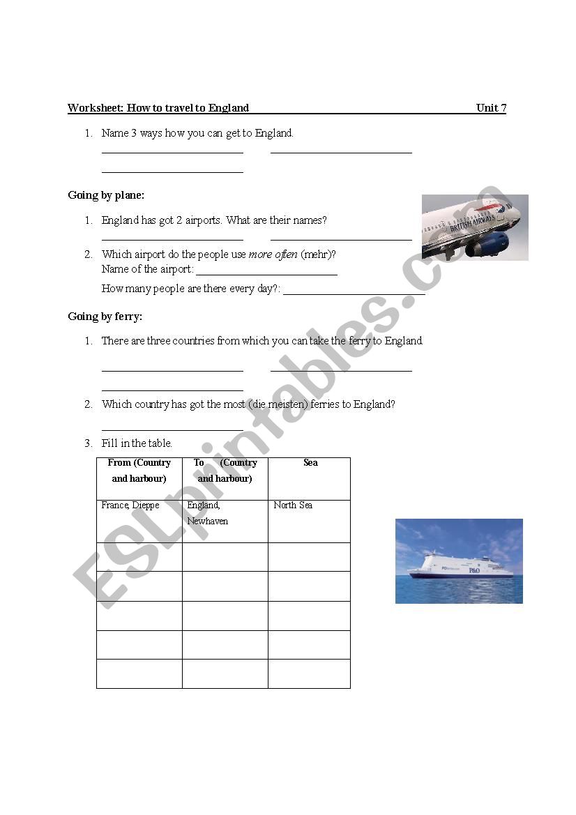 How to travel to England worksheet