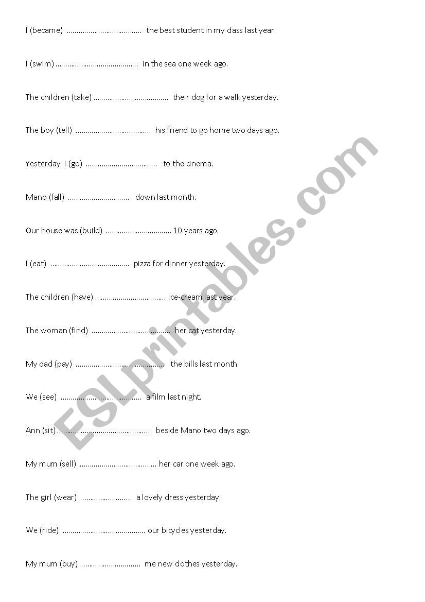 Elementary past simple irregular verb worksheet
