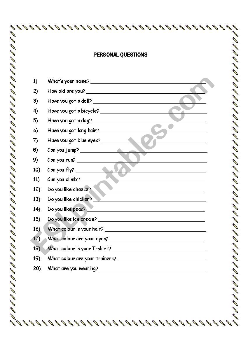 Personal questions worksheet