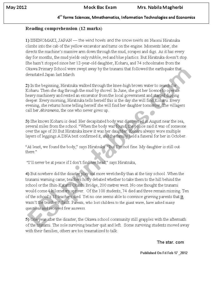 mock bac exam 2012 worksheet