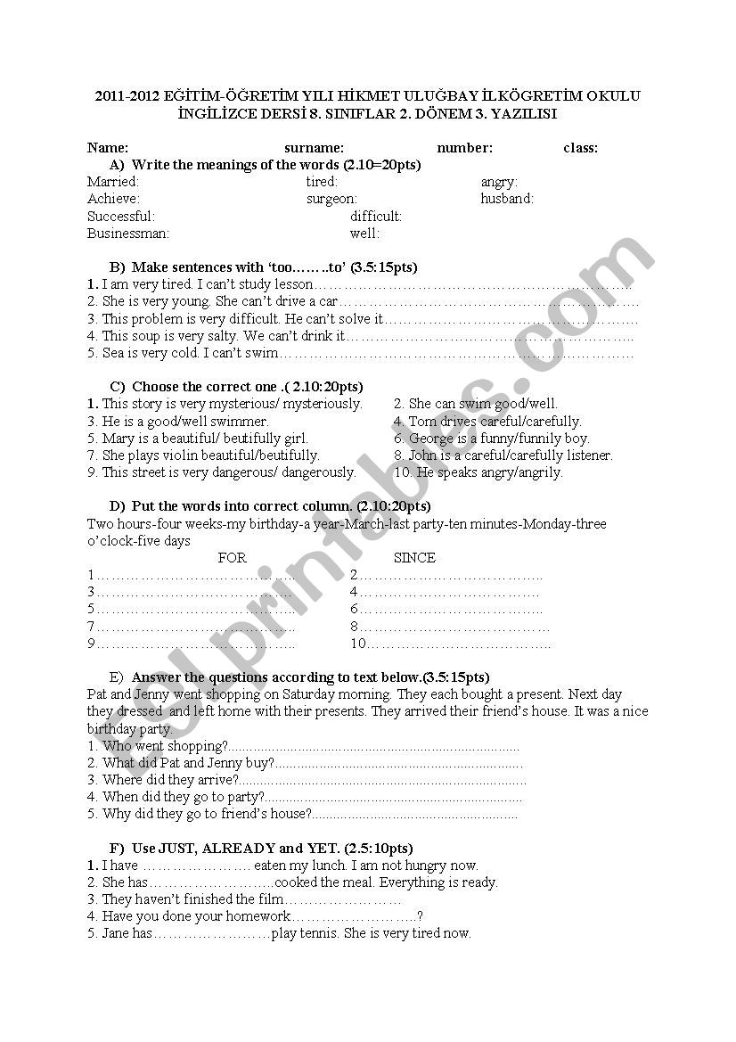 8th level 3rd exam worksheet