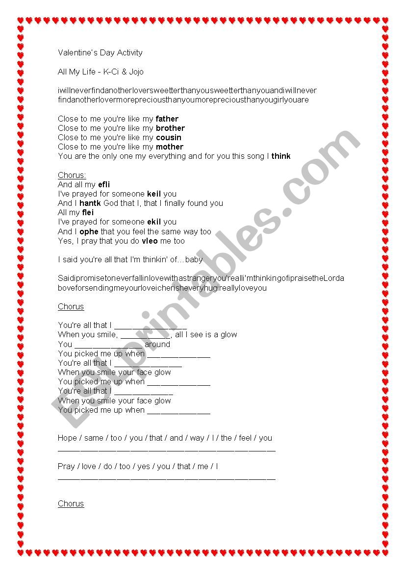 Valentines Day Song Activity worksheet