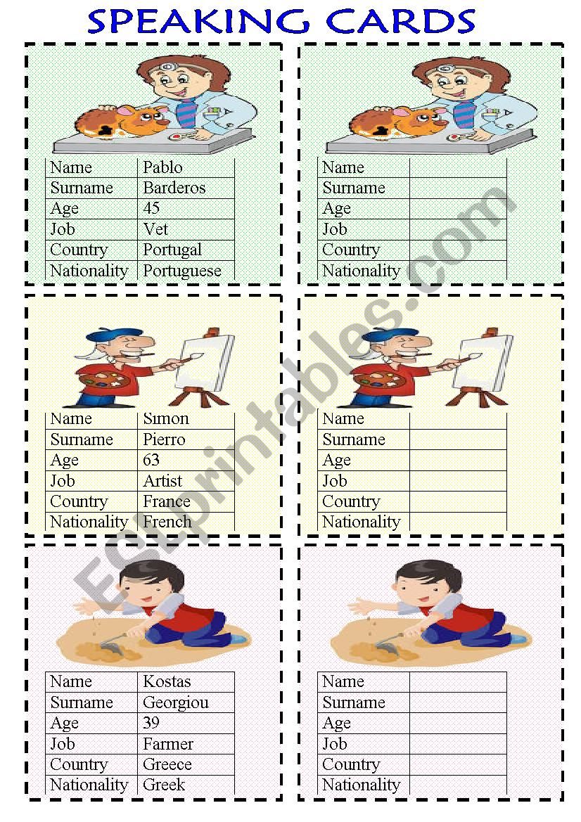 speaking cards worksheet