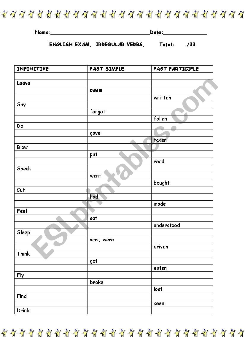 ENGLISH EXAM IRREGULAR VERBS worksheet