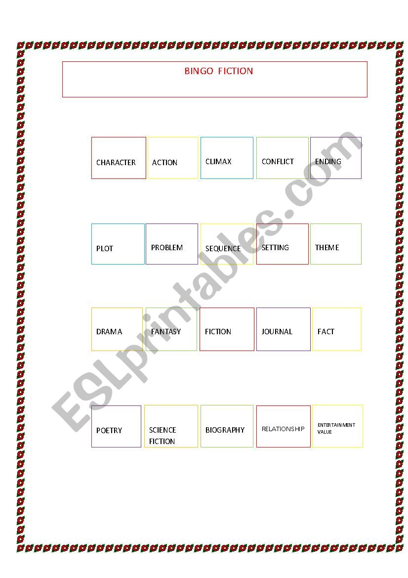 Fiction bingo worksheet