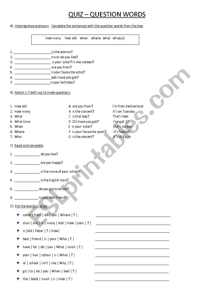 question words worksheet