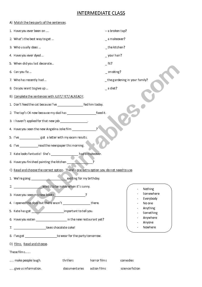 intermediate exercises worksheet