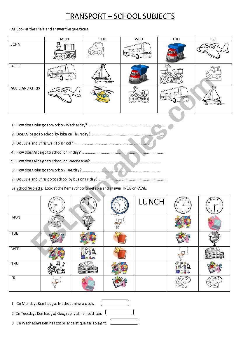 Transport and schoolsubjects worksheet