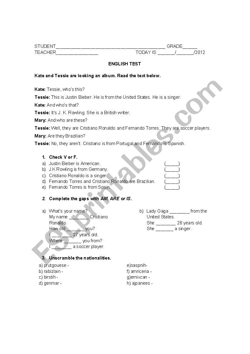 English test -  Countries and nationalities