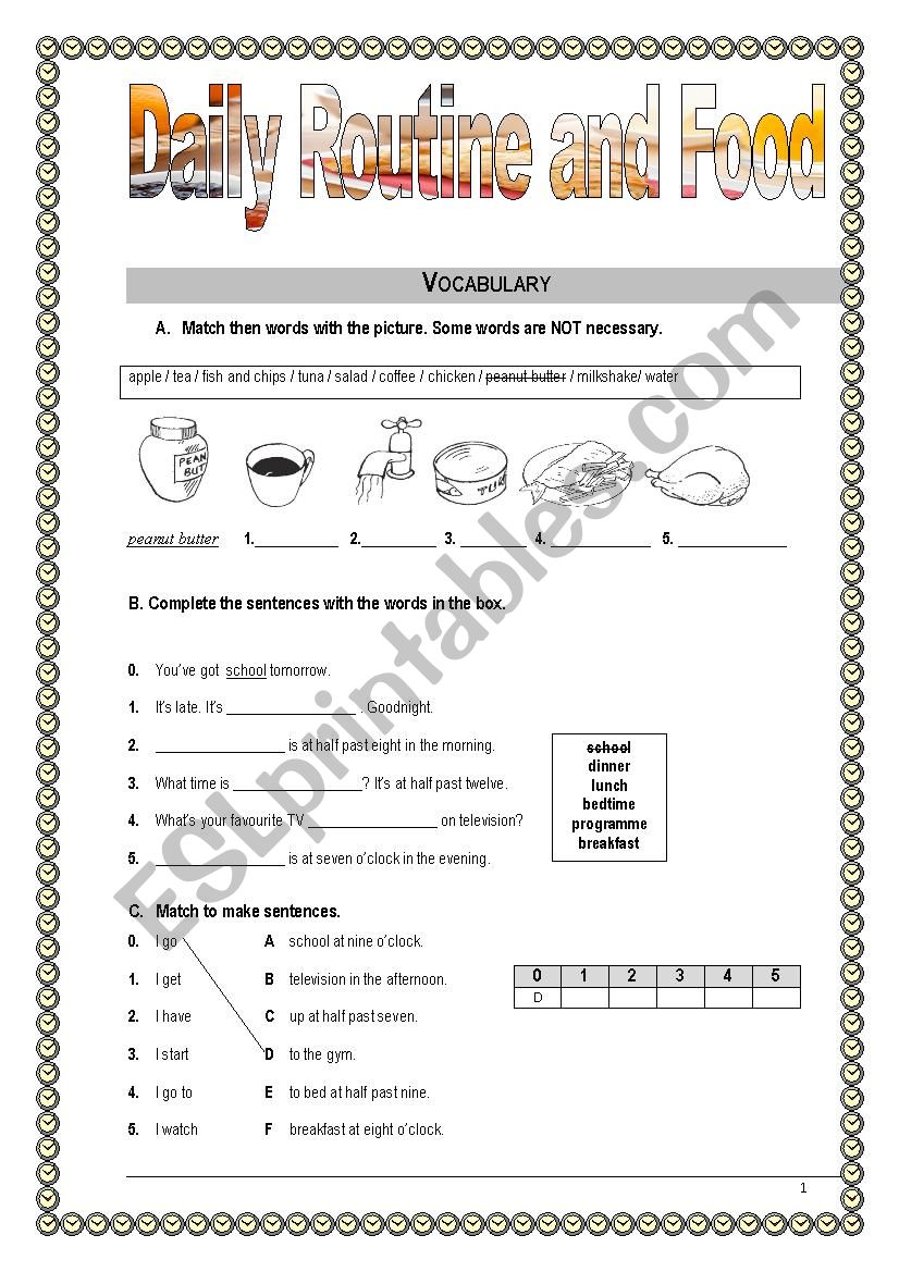 Daily Rotine and Food worksheet