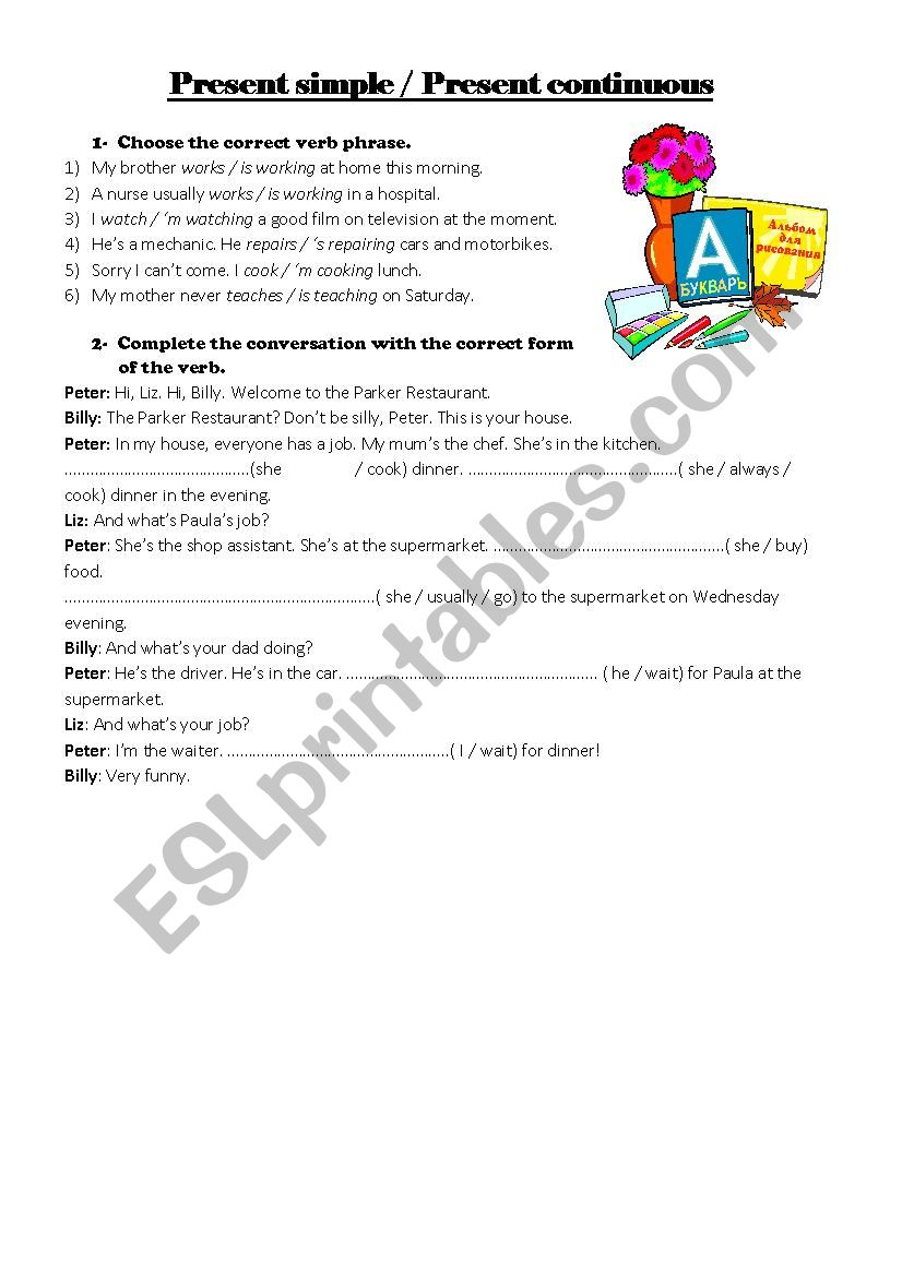 Present simple and continuous worksheet