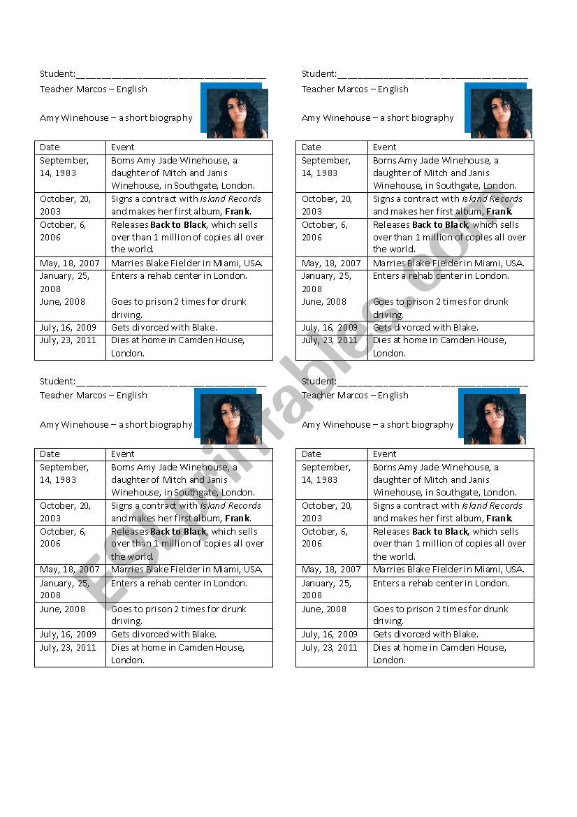 amy winehouse biography worksheet