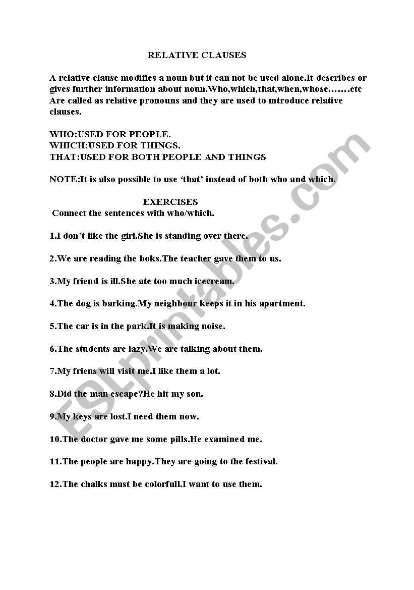 relative clause worksheet