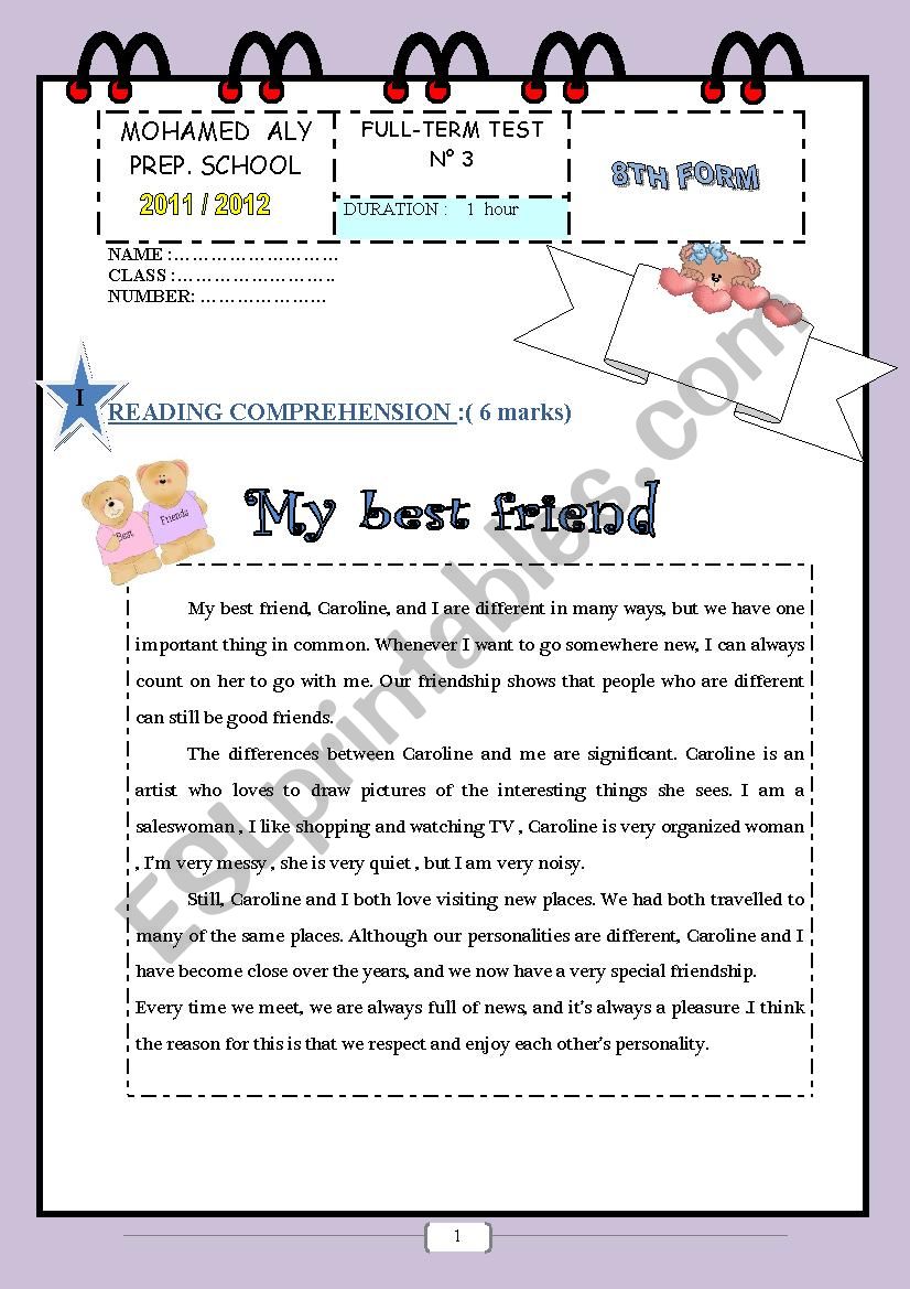 Full term test NÂ° 3 8th form ( First part) 